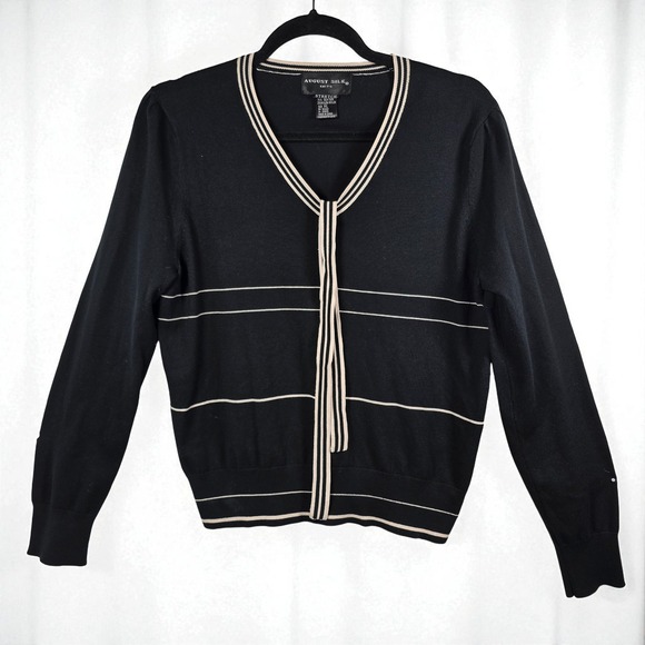 August Silk Knits Sweater Woman XL Black Striped Tie Neck Long Sleeve Silk Blend - Picture 1 of 8